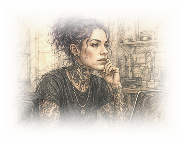 A thoughtful tattooed young woman pausing at her workspace, chin resting on her hand