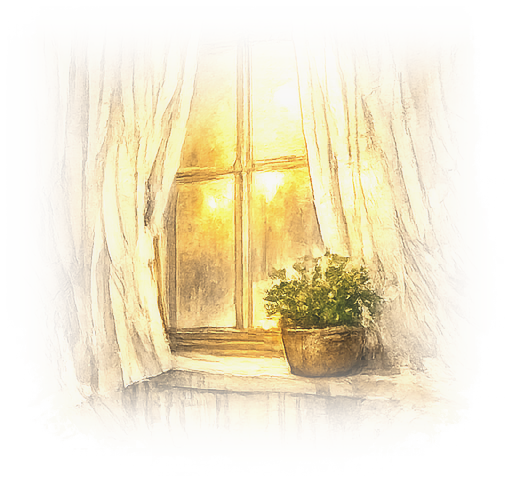 Soft golden light through a curtained window with a small potted plant on the sill