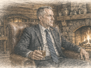 Sketch of a man sitting alone by a fireplace in the evening, deep in thought