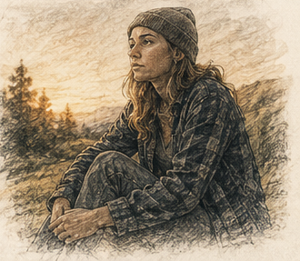 Sketch of a woman sitting outside at sunset, taking a quiet moment to herself