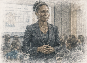 Sketch of a poised professional woman in a blazer speaking to a room of colleagues