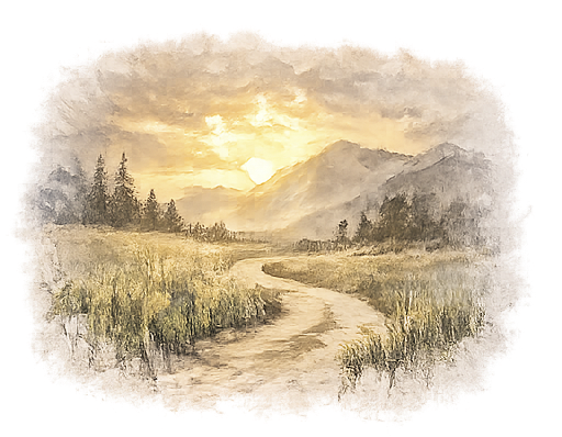 Watercolor landscape of a sunlit mountain valley with a winding dirt path, trees, and glowing clouds