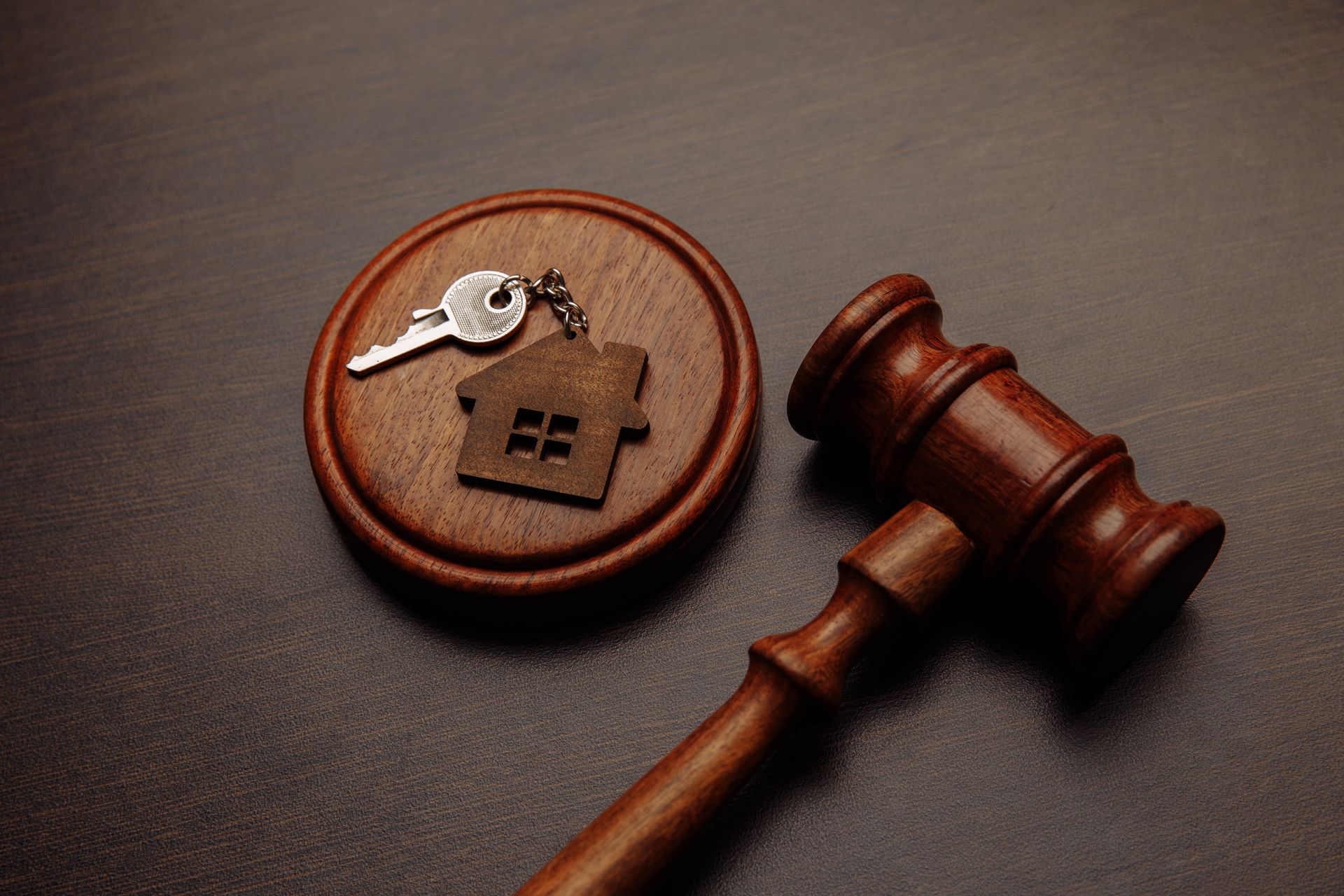 Gavel and house key on wooden base, likely representing a property auction or legal agreement. Gavel and house key on wooden base, likely representing a property auction or legal agreement.
