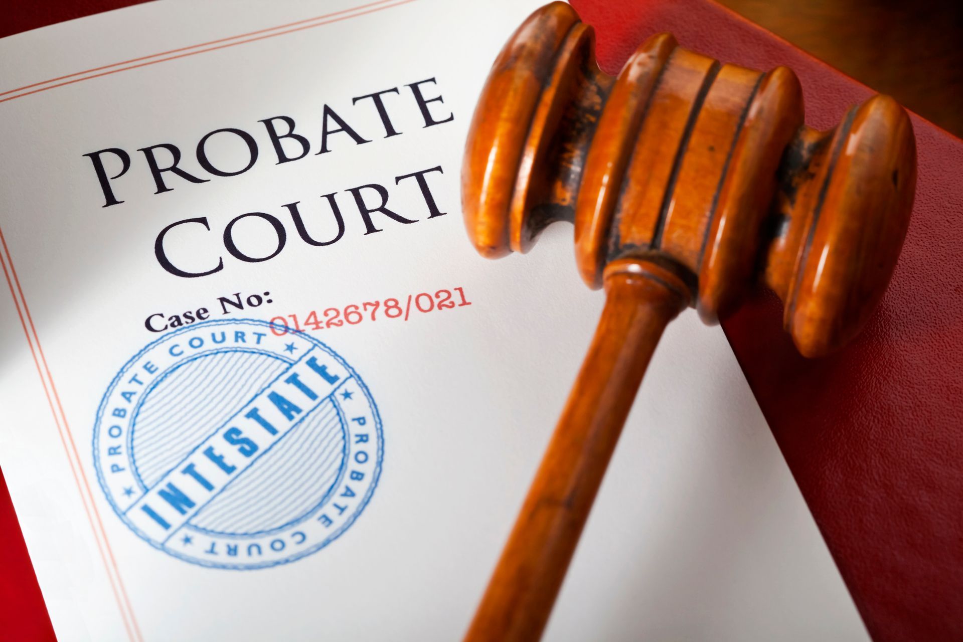 Probate court document with gavel and Inestate stamp.
