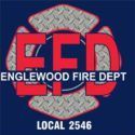 Englewood Fire Dept logo with red EFD on diamond plate background, blue background. Text: LOCAL 2546. Englewood Fire Dept logo with red EFD on diamond plate background, blue background. Text: LOCAL 2546.