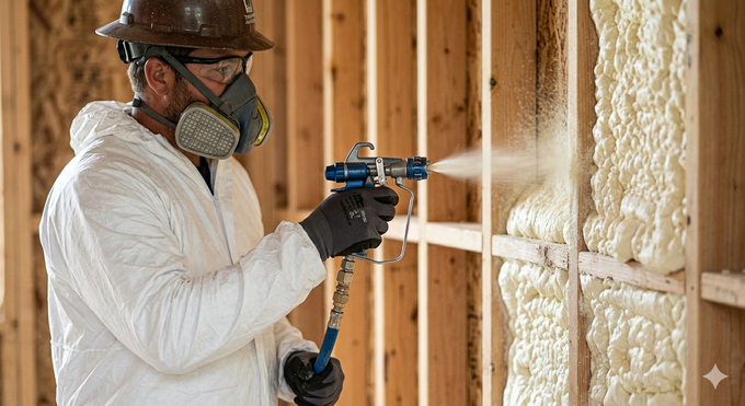 Spray foam installation at wall cavity