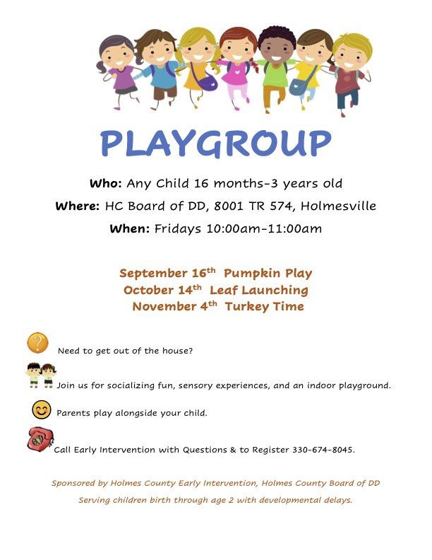 Playgroup flyer: Children's event at HC Board of DD in Holmesville on Fridays for ages 16 months-3 years old.