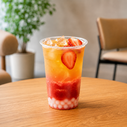 Iced lemon drink in a clear plastic cup with lemon slices against a blurred background