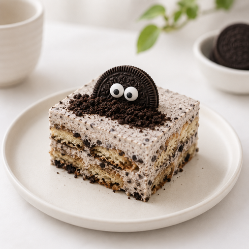 Square tiramisu dusted with cocoa on a white plate, with a blurred cup in the background