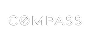 The word compass is written in black on a white background.