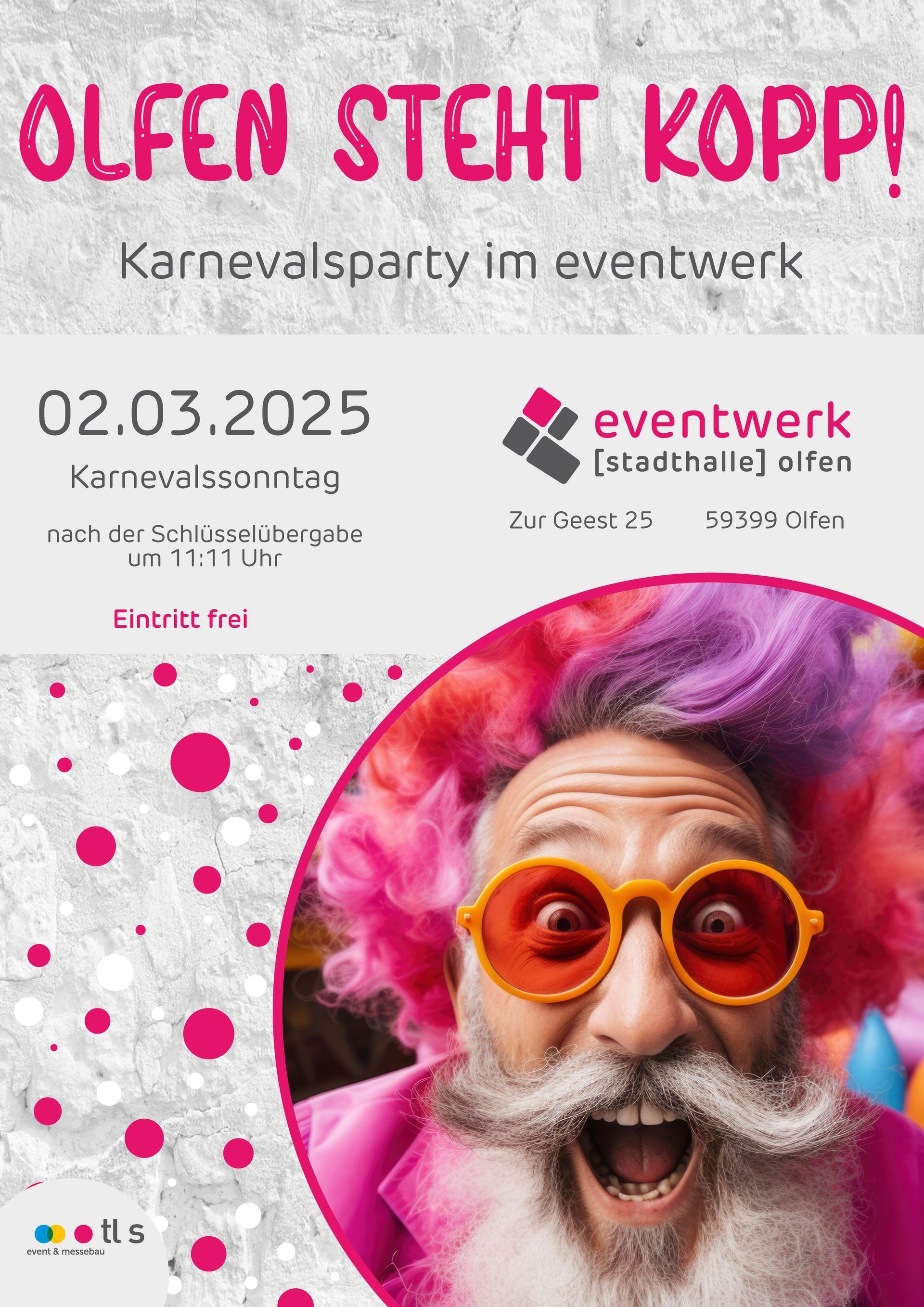 Auf einem Plakat für eine Karnevalsparty ist ein Mann mit Bart und Sonnenbrille zu sehen.