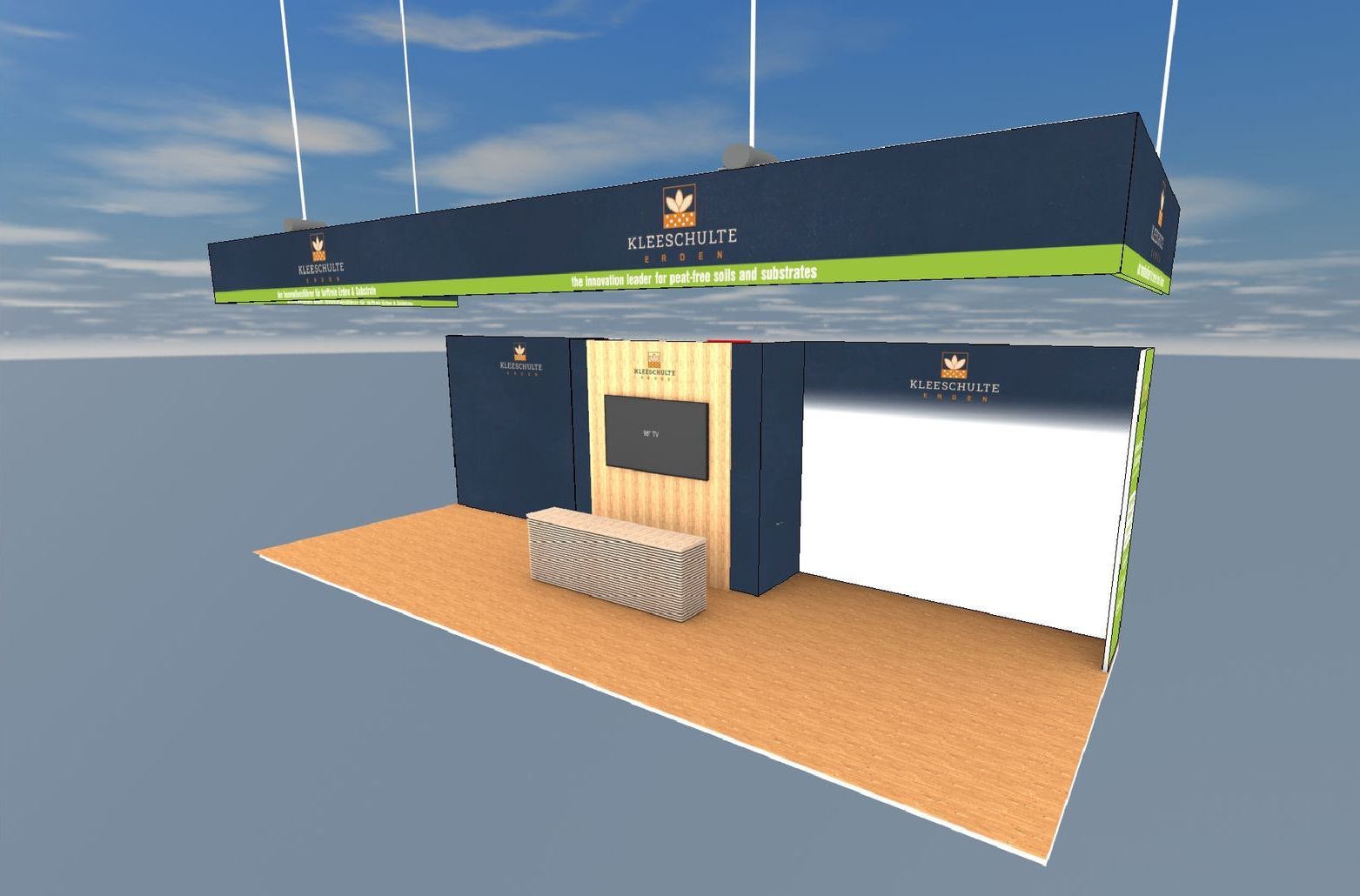 Ein 3D-Modell eines Standes mit einem Schild mit der Aufschrift „direkt“