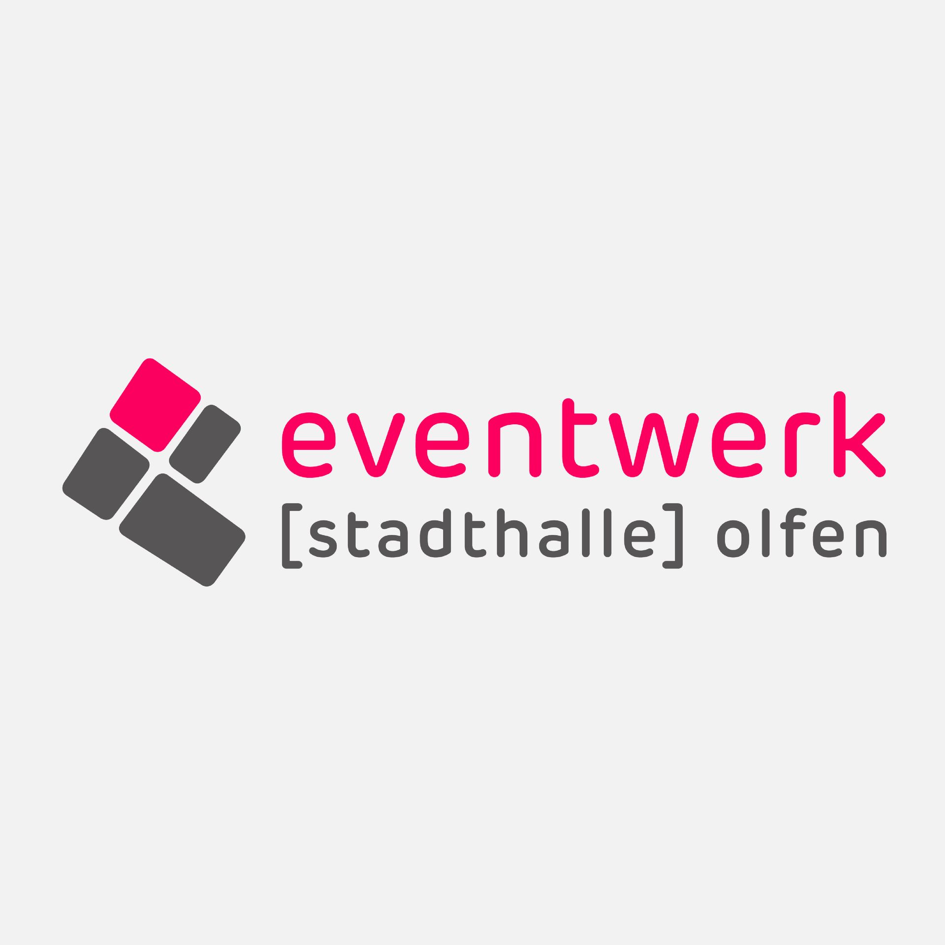 A pink and gray logo for eventwerk stadthalle olfen