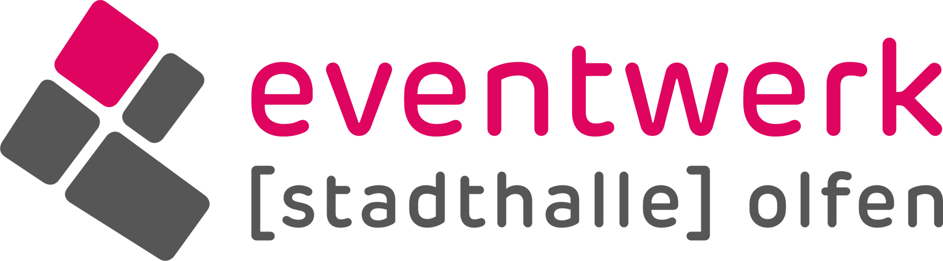 Ein Logo für das Eventwerk Stadthalle Olfen mit einem rosa-grauen Quadrat auf weißem Hintergrund.