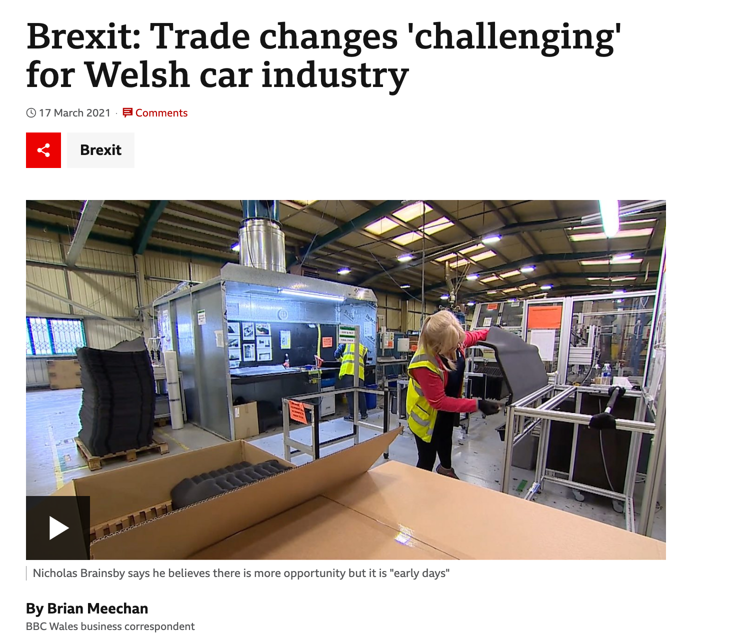 A screenshot of a news article titled brexit : trade changes challenging for welsh car industry