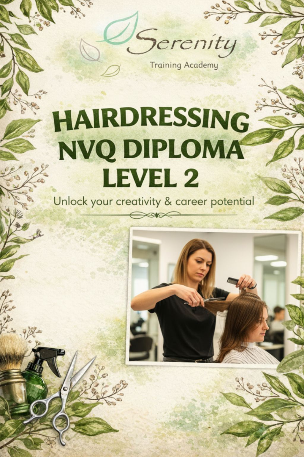 Floral graduation poster for Hairdressing NVQ Diploma Level 2 with a woman styling hair