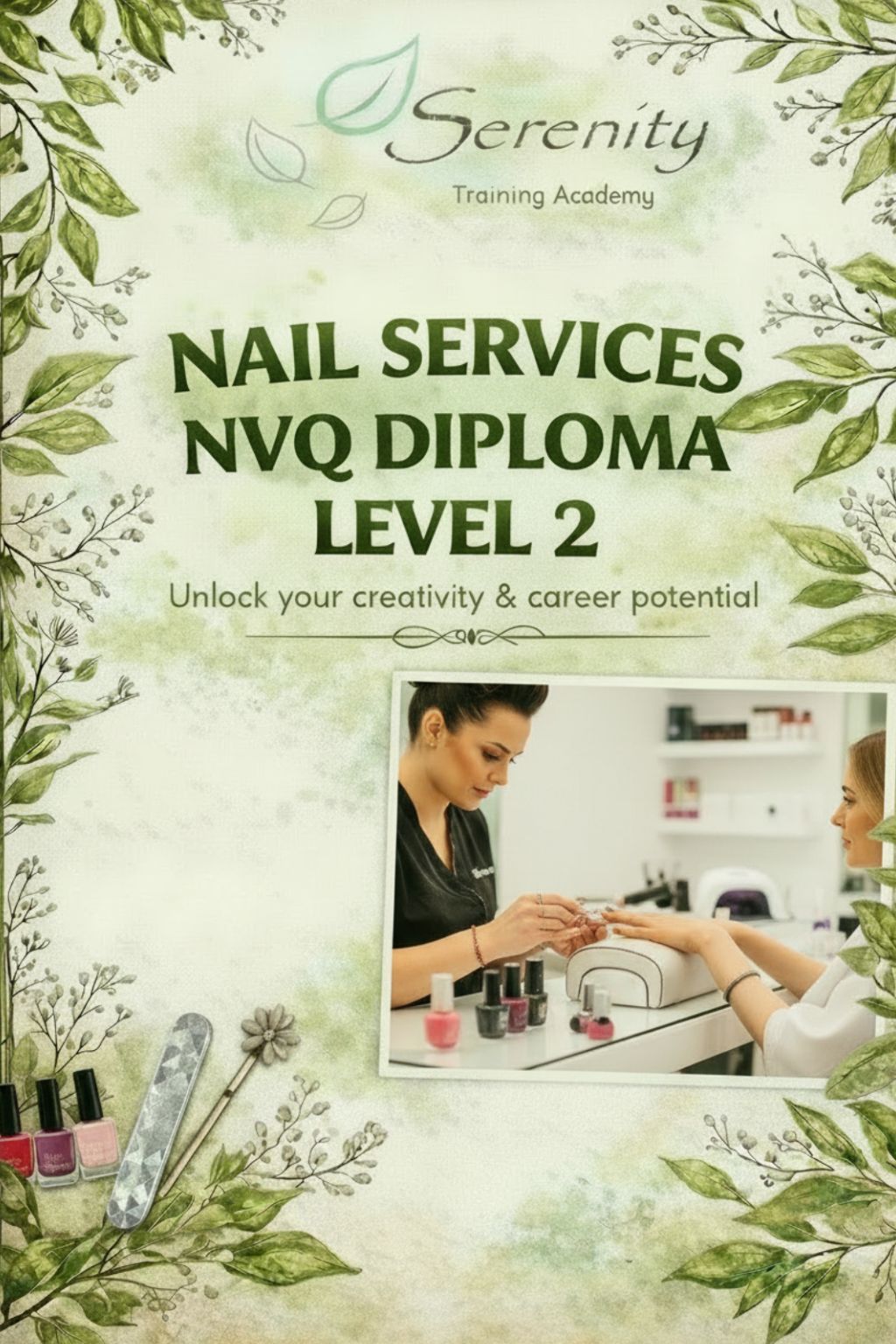 Promotional poster for Serenity Nail Services NVQ Diploma Level 2 with floral design and manicure photo