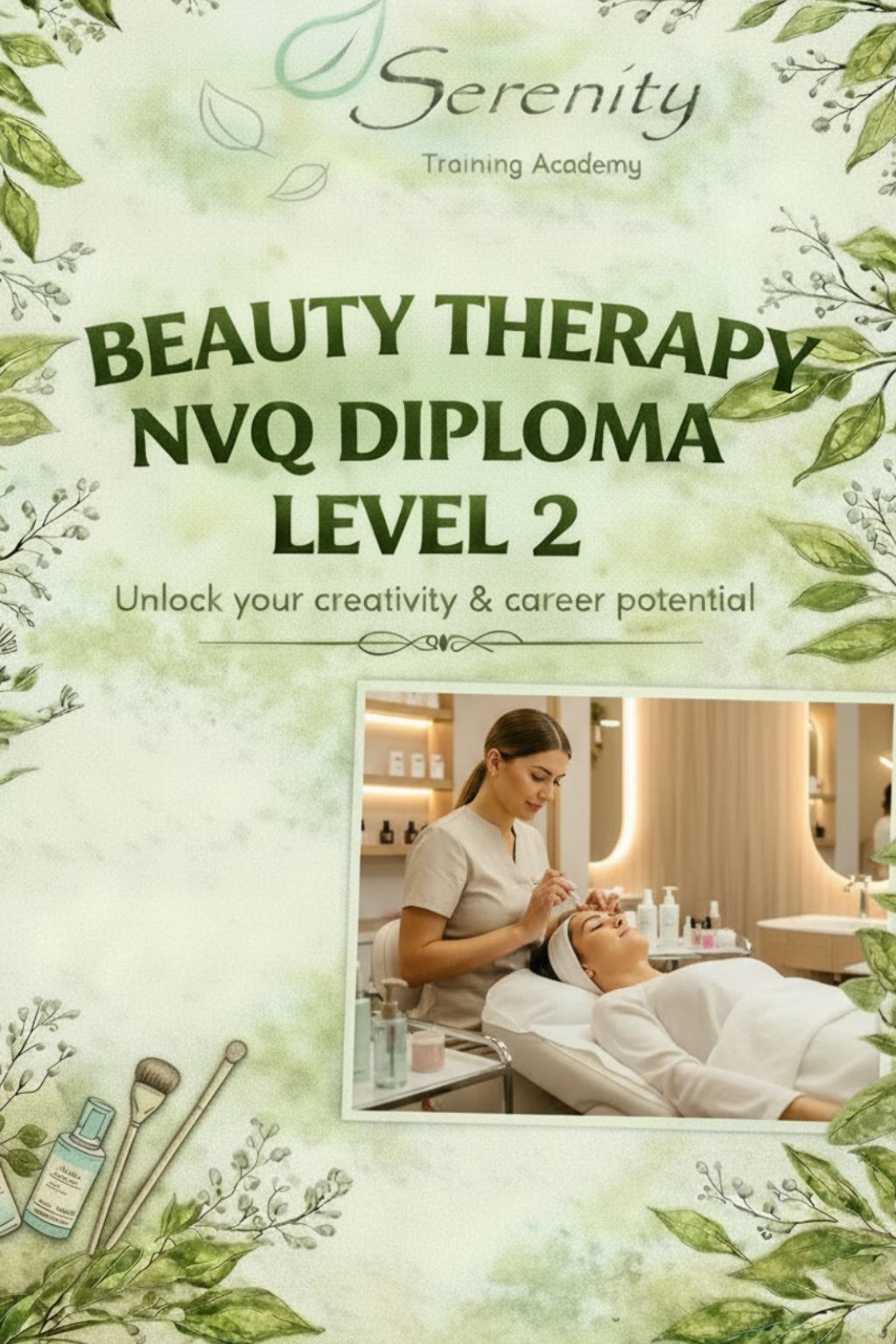 Beauty Therapy NVQ Diploma Level 2 poster with floral green design and spa treatment photo