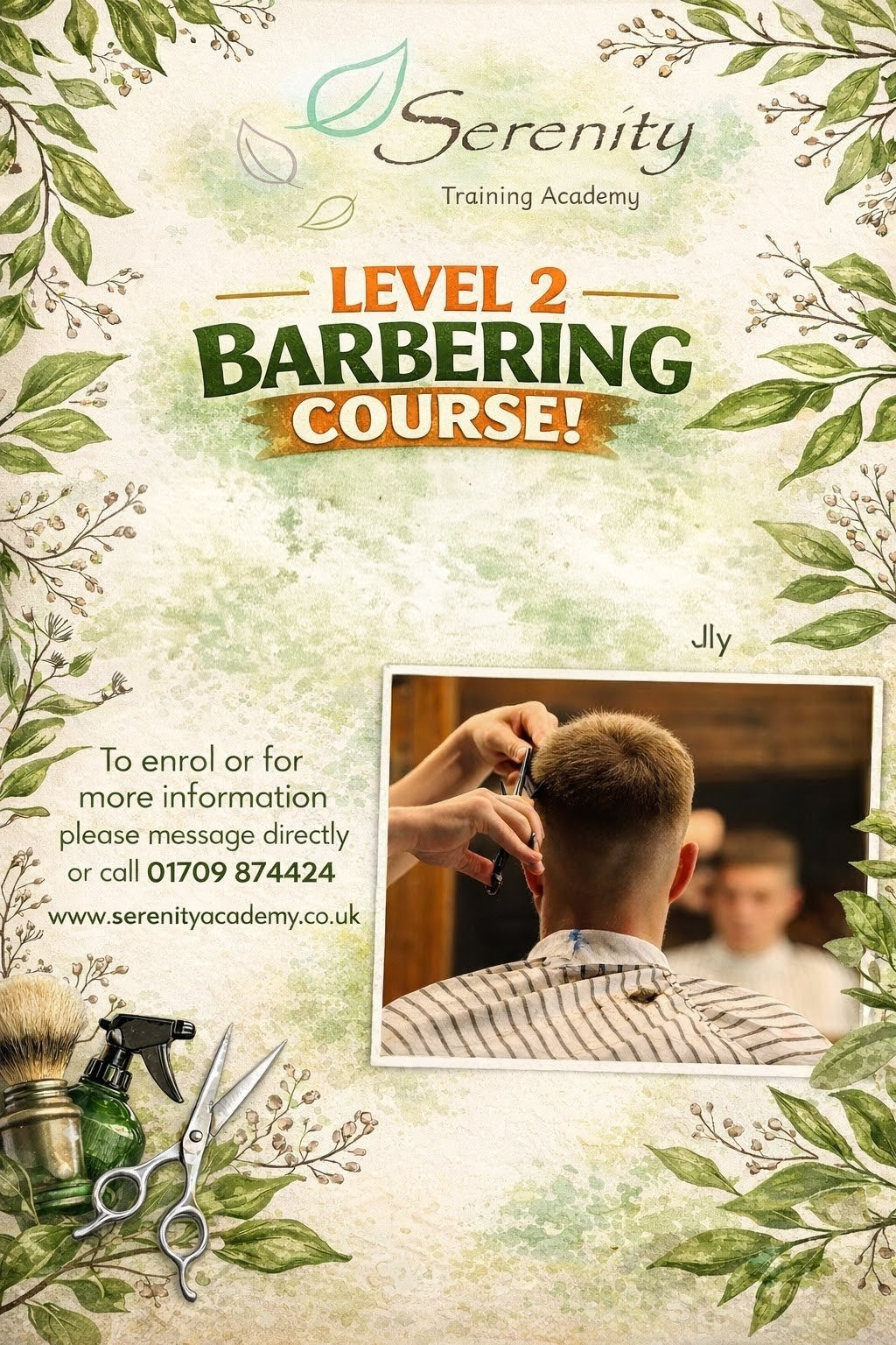Serenita flyer for Level 2 barbering course with haircut photo and floral background