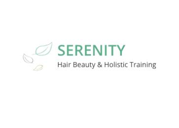 Serenity logo with green leaf icons and the text “Hair Beauty & Holistic Training”