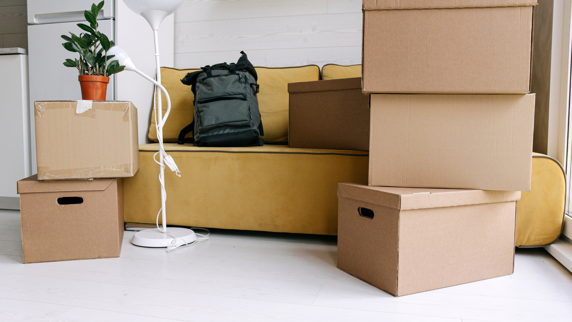 Stacked cardboard moving boxes with a backpack, potted plant, and floor lamp in a room