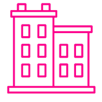 A line drawing of two buildings with square windows on a white background.