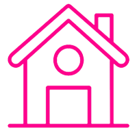 A pink line drawing of a house with a chimney and a door.