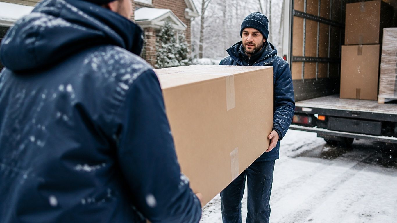 Two workers carrying a large cardboard box beside a truck in a snowy loading area