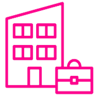 A pink icon of a building with a briefcase in front of it.