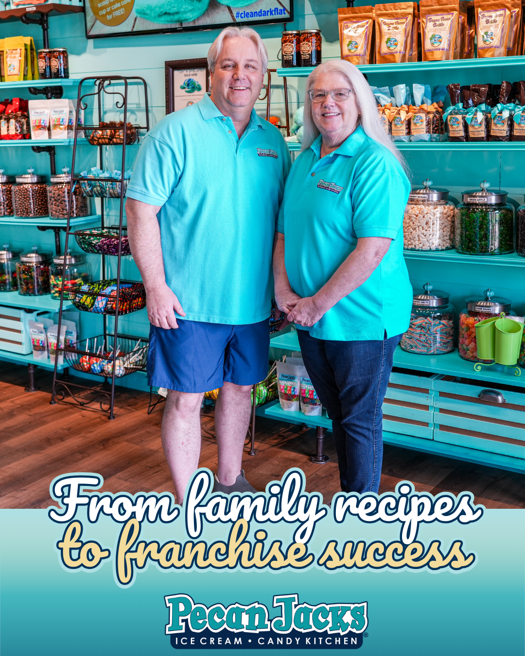 Couple in matching blue shirts at their shop, Pecan Jacks, text: