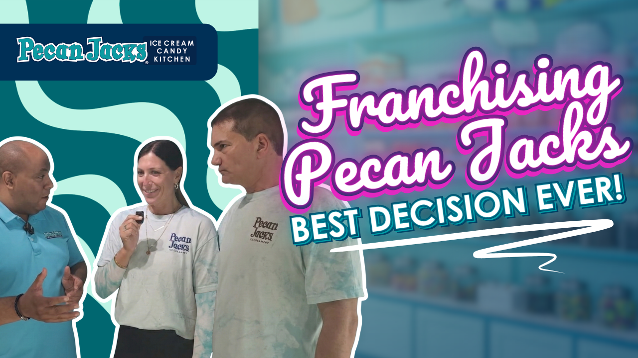 A video about franchising Pecan Jacks. Three people in a store; the words