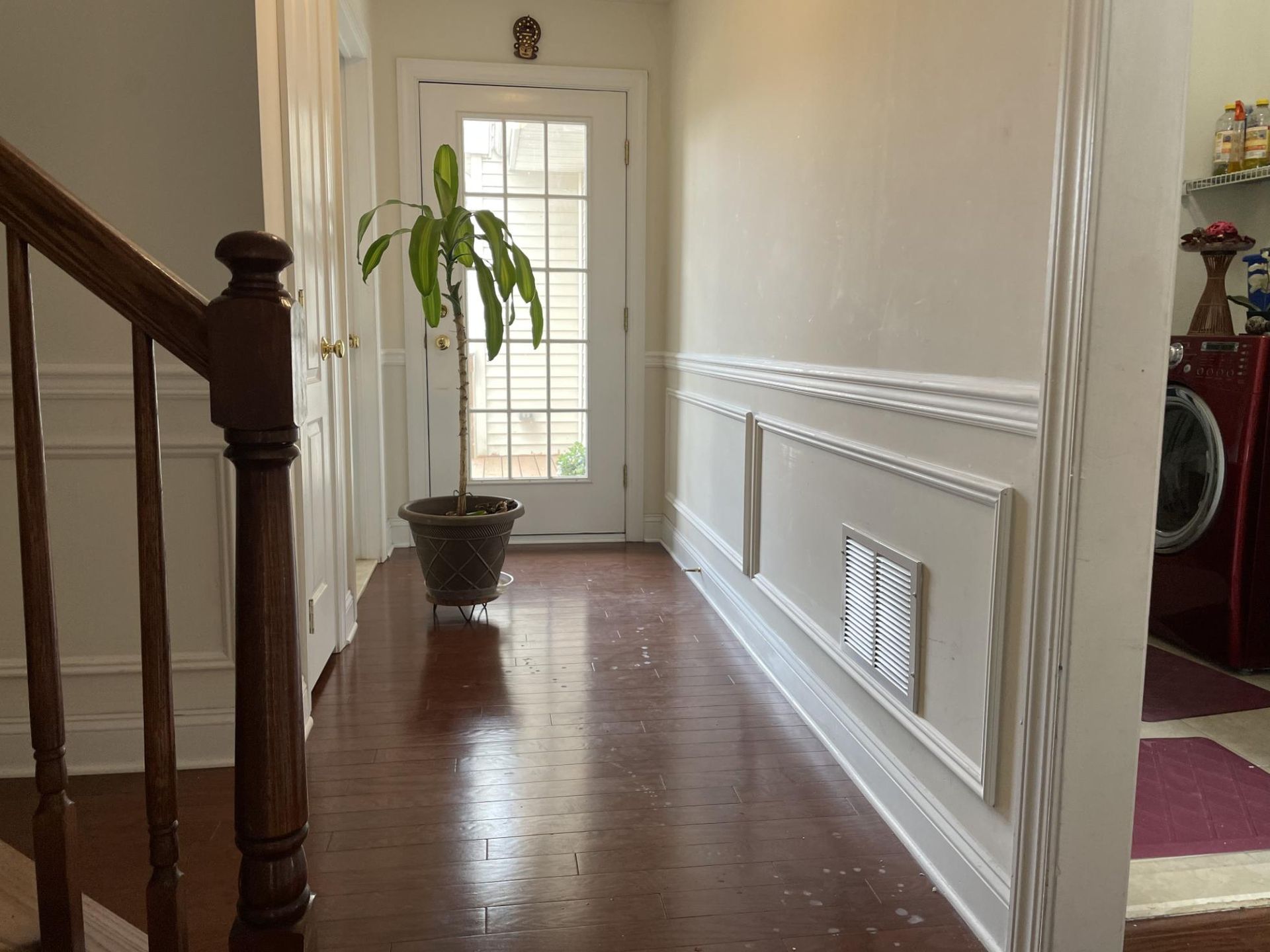 Hallway with dark wooden floor, cream-colored walls, decorative molding, and a potted plant by a door with window panes.