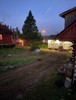 A dirt road leading to a house with a christmas tree in the background.