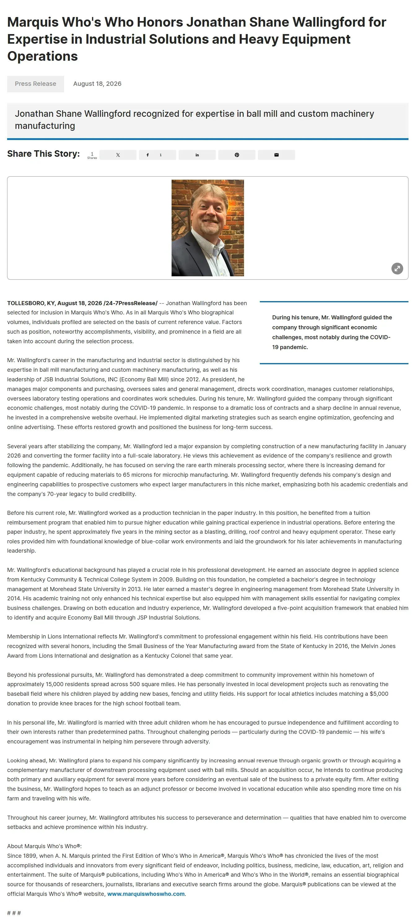 The Continental Who's Who executive press release naming Shane Wallingford of Economy Ball Mill a Pinnacle Professional of the Year.