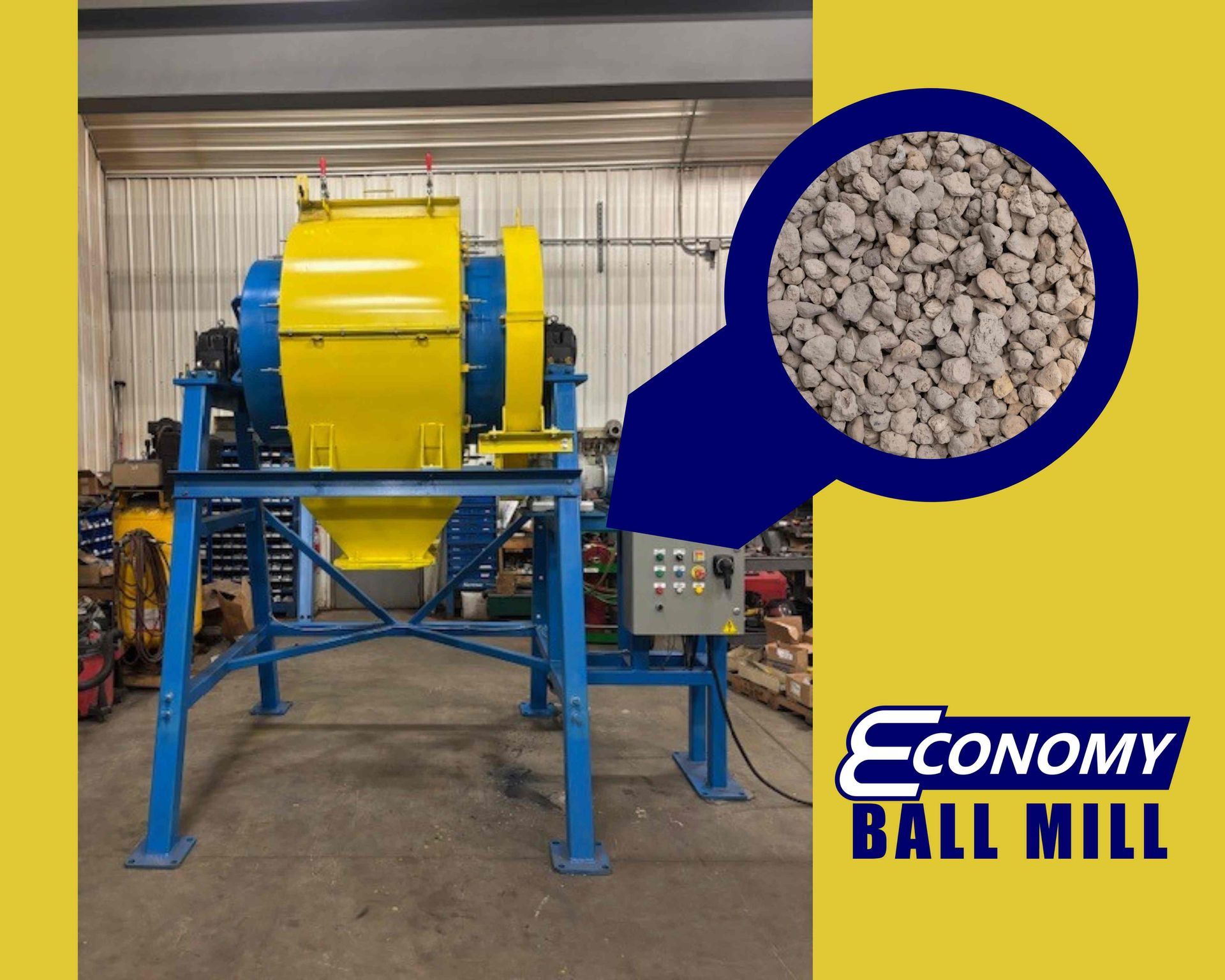 A close-up of pumice stone with ball milling equipment at Economy Ball Mill near Tollesboro, Kentucky (KY)