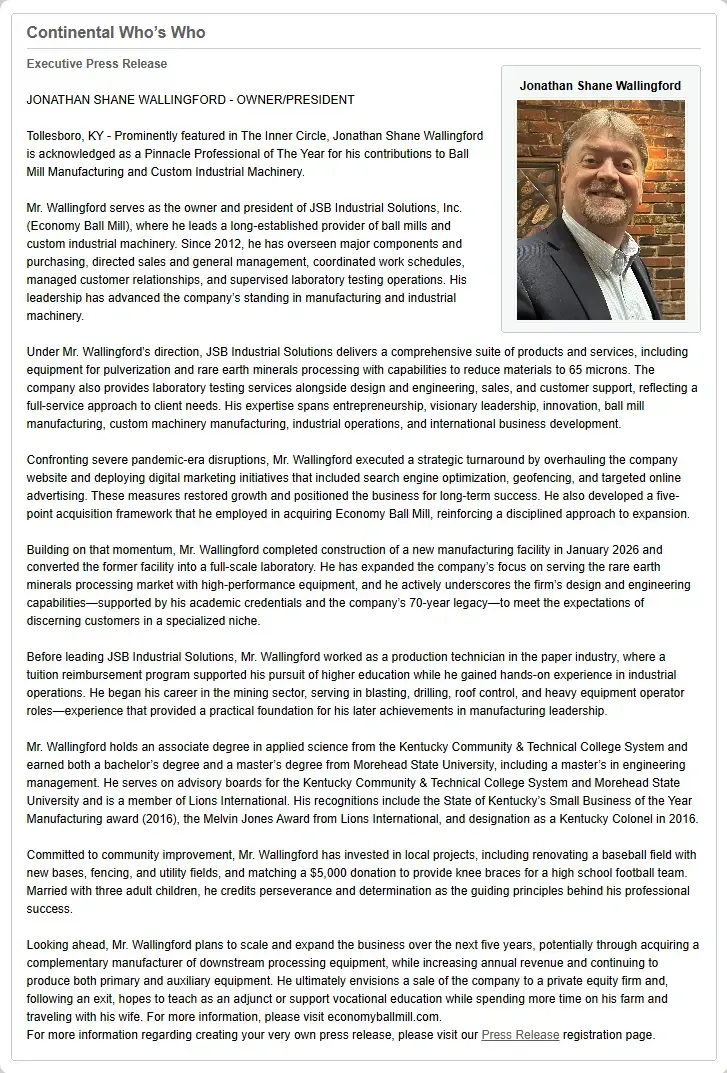 The Marquis Who's Who press release honoring Economy Ball Mill owner Shane Wallingford near Tollesboro, Kentucky (KY).