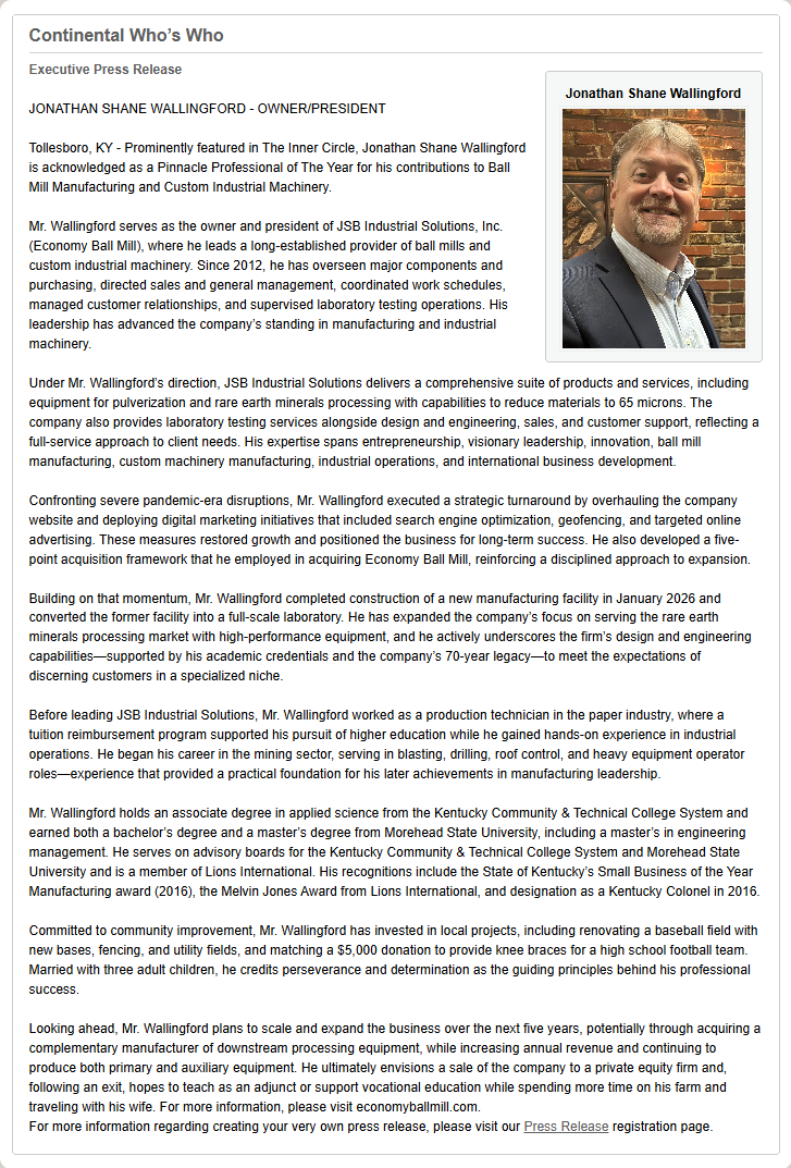 Continental Who’s Who Executive Press Releases: Jonathan Shane Wallingford - Owner/President