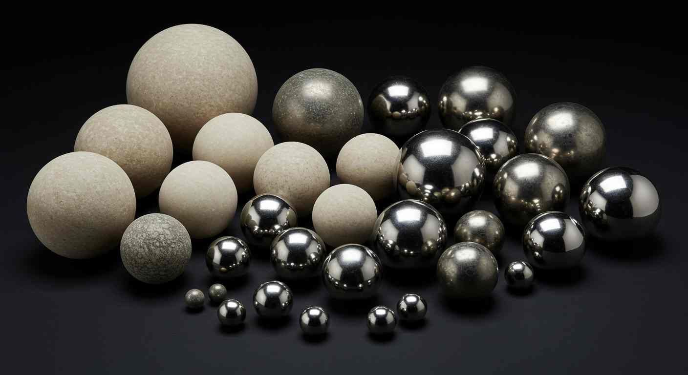 A mix of large and small ball grinding media in ceramic and stainless steel at Economy Ball Mill near Tollesboro, Kentucky (KY)