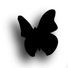 Silhouet van een zwarte vlinder met een schaduw op een witte achtergrond.