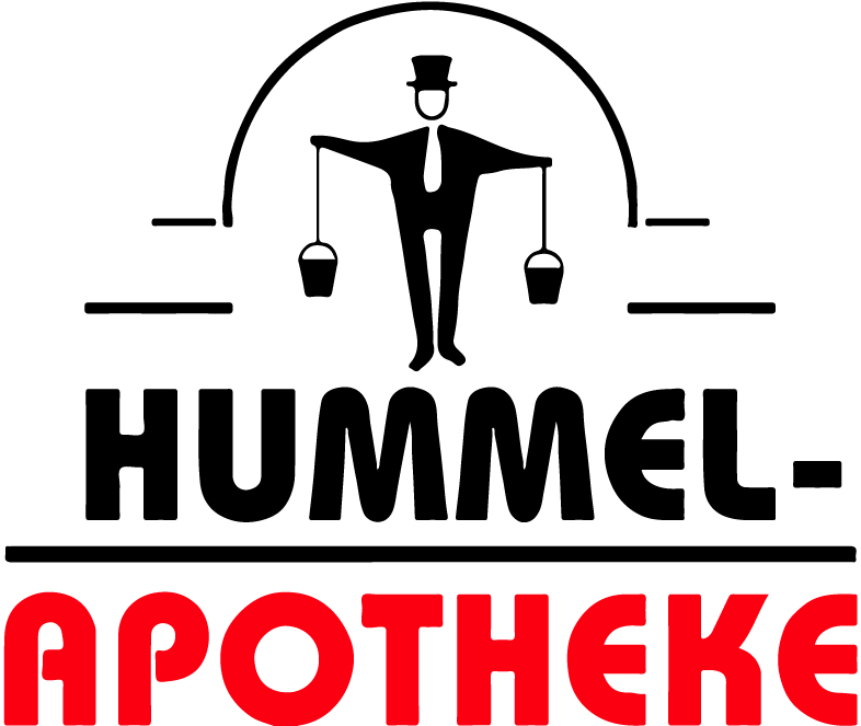 Link Startseite Das Logo der Hummel-Apotheke zeigt einen Mann im Anzug, der zwei Eimer hält.
