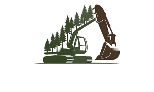Silhouette of an excavator clearing a forest, with evergreen trees on the boom and background