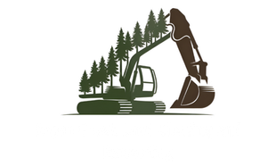 Silhouette of an excavator clearing a forest, with evergreen trees on the boom and background