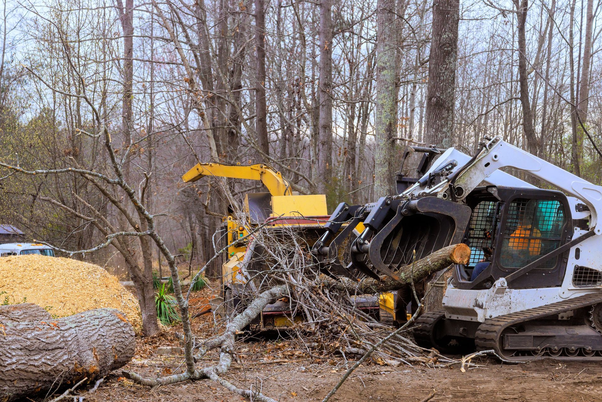 Bulldozer and excavator clearing a wooded site beside a pile of gravel.