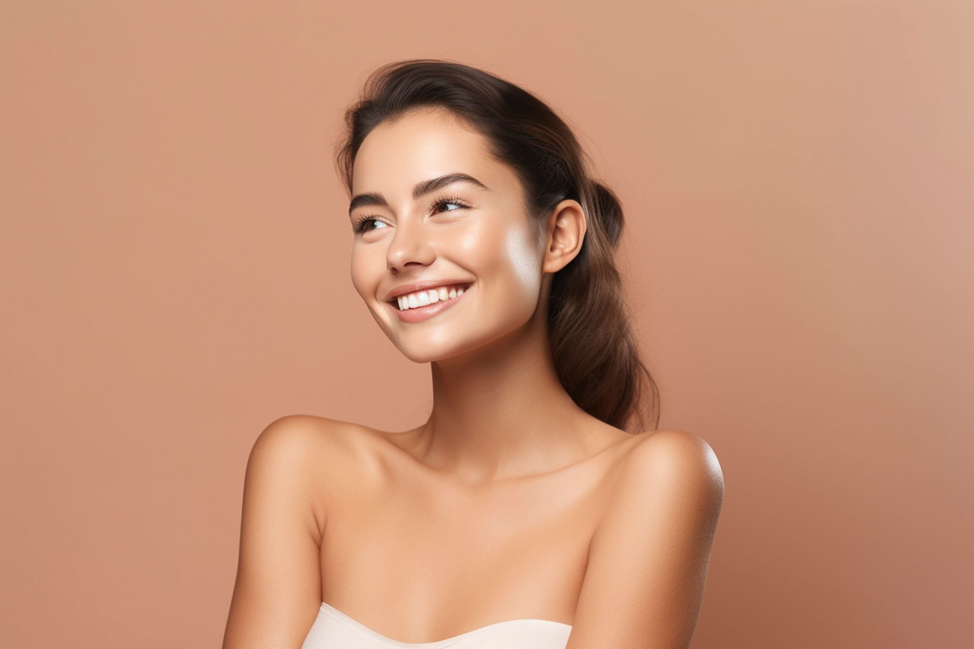 Smiling woman with dark hair against a peach background, wearing a strapless top