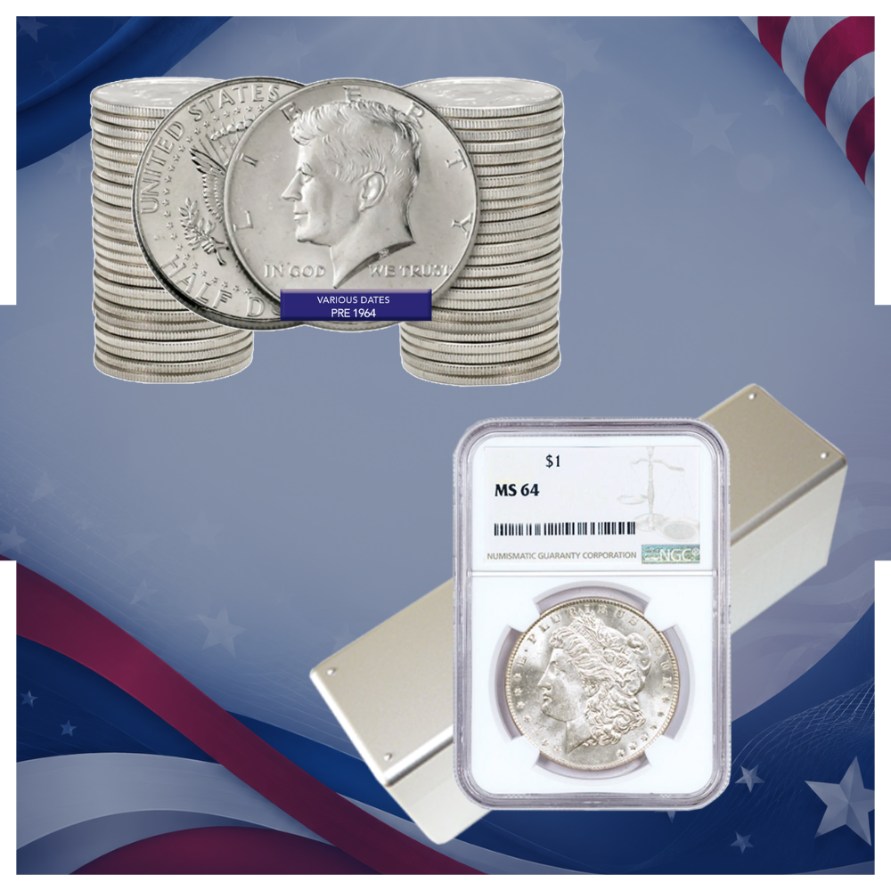 A coin in a case next to a bar of silver