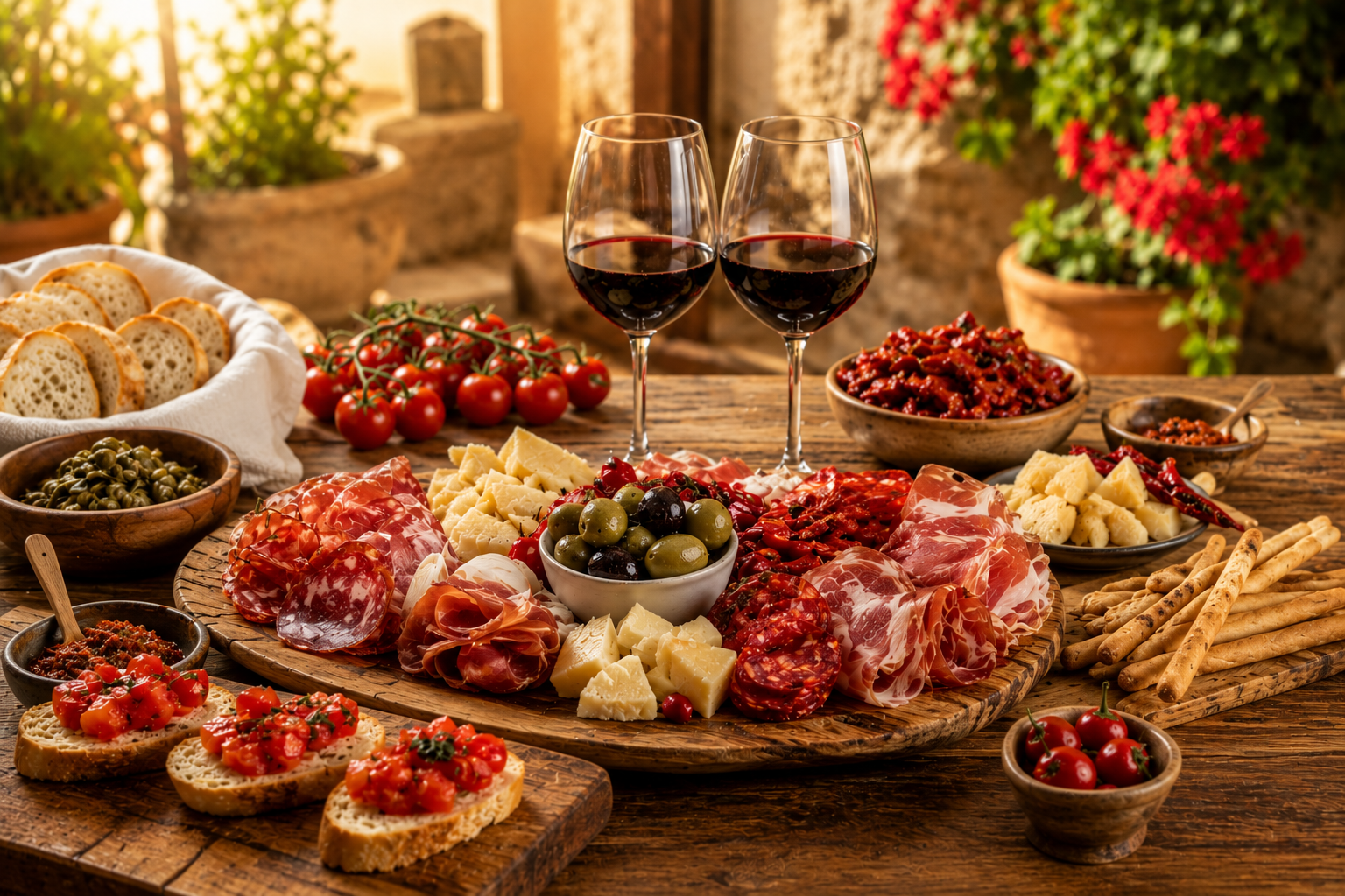 Un assortimento di vino e formaggi con olive, pane e uva su un tavolo rustico all'aperto.