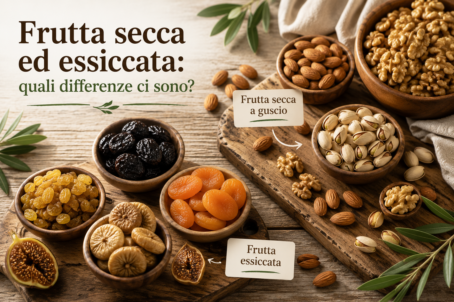 Confronto tra frutta secca ed essiccata in ciotole e sacchetti su tavolo rustico, con testo italiano.