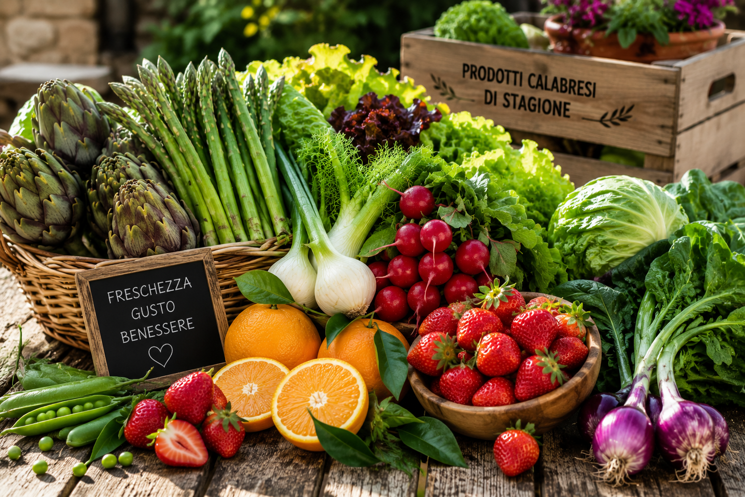 Frutta e verdura calabrese di stagione in primavera con asparagi, carciofi, fragole, agrumi e ortagg