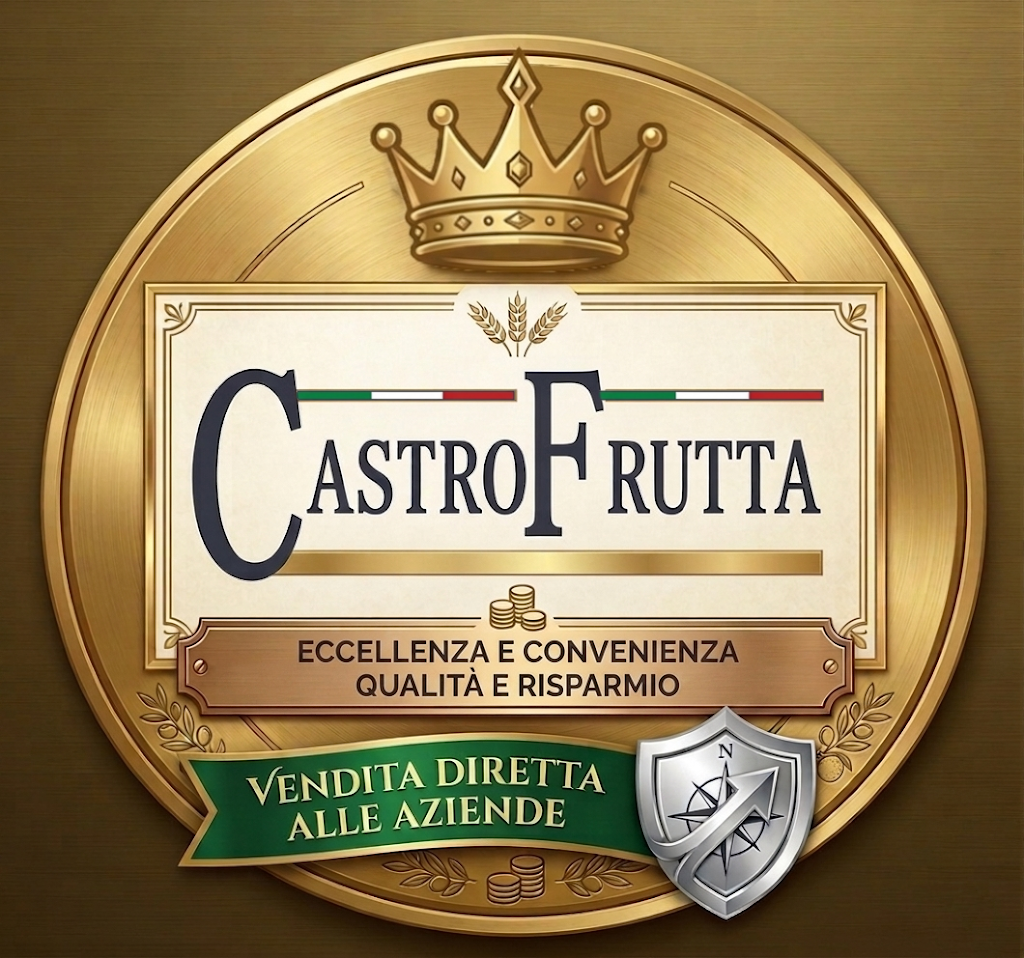 Gold badge logo reading “Astrofrutta” with crown, “Eccellenza e convenienza,” and “Vendi la diretta alle aziende”