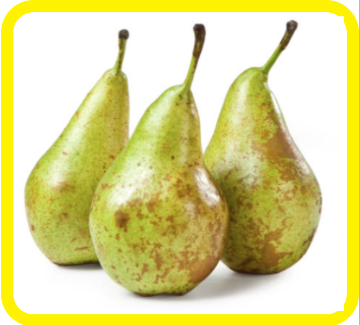 Tre pere verdi con macchie marroni su sfondo bianco, incorniciate da un bordo giallo.